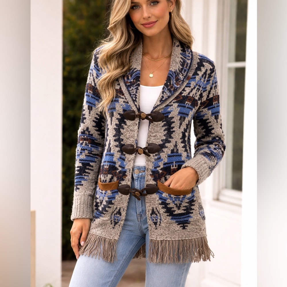 Alia Petite Knit Sweater in Blue and Cream